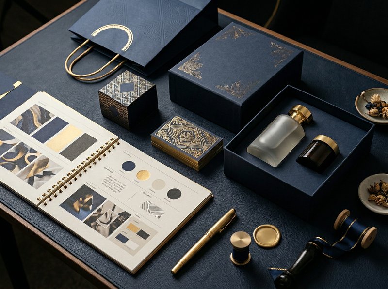 Premium brand identity materials with navy packaging and gold foil accents, representing branding and representation services