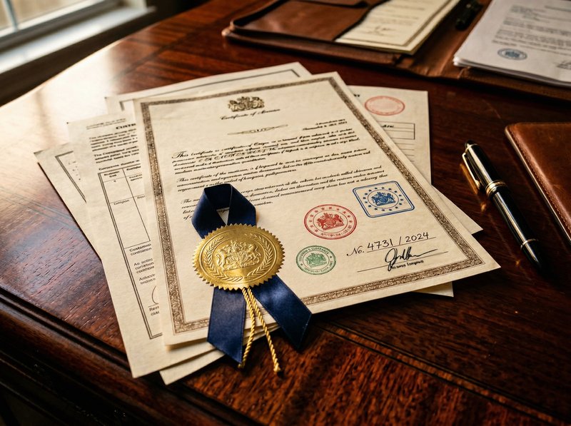 Official trade certificates and compliance documents with gold seals on a mahogany desk, representing compliance and certifications