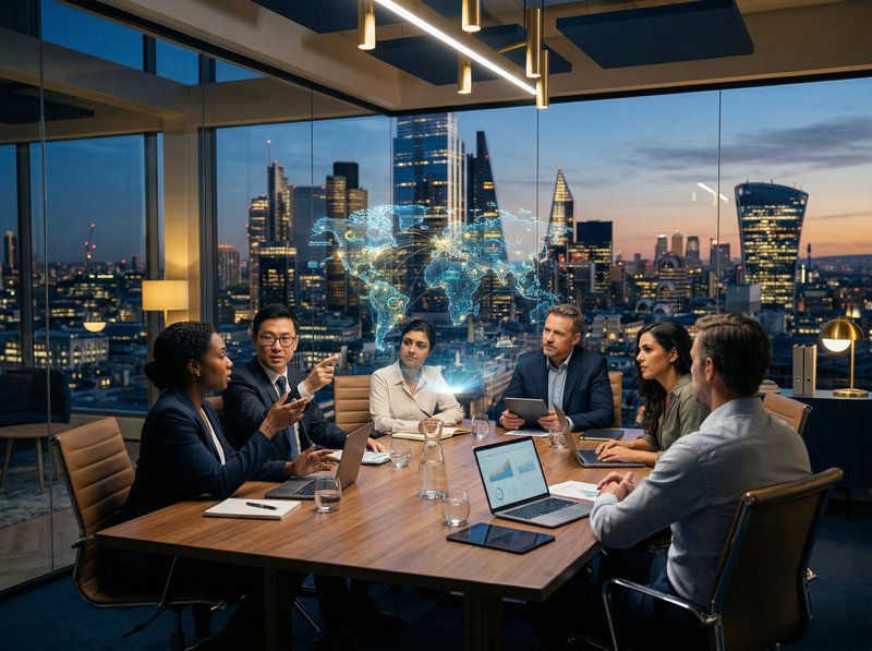 Professional business strategy meeting in a modern boardroom with holographic world map, representing market entry advisory