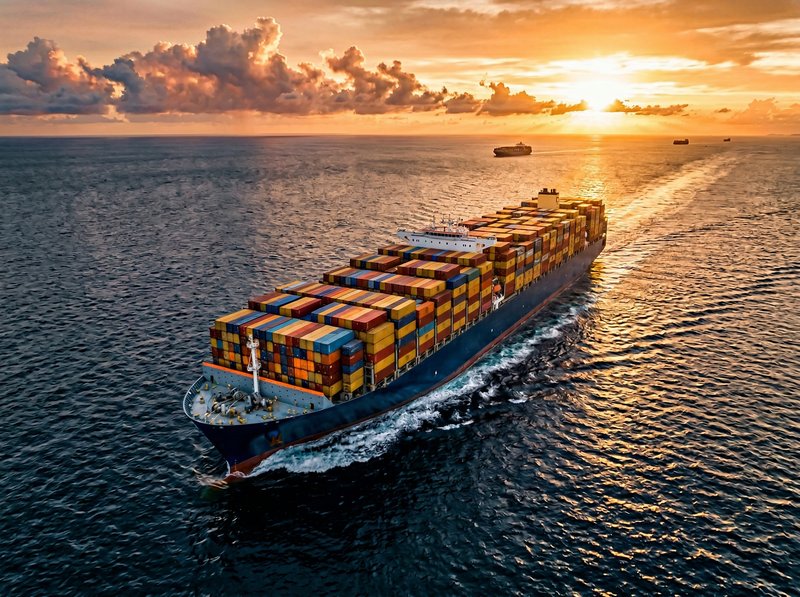 Container cargo ship crossing the ocean at golden hour, representing international commodity trading